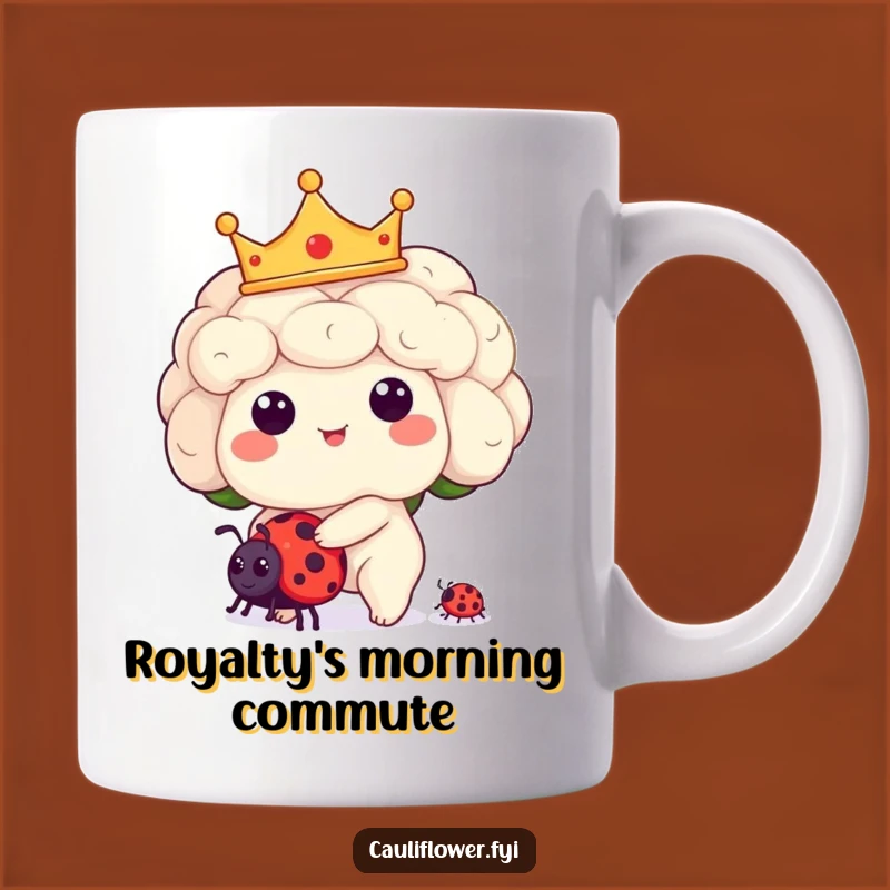Funny Kawaii Cauliflower Mug: Royal Ride on a Ladybug Adventure!