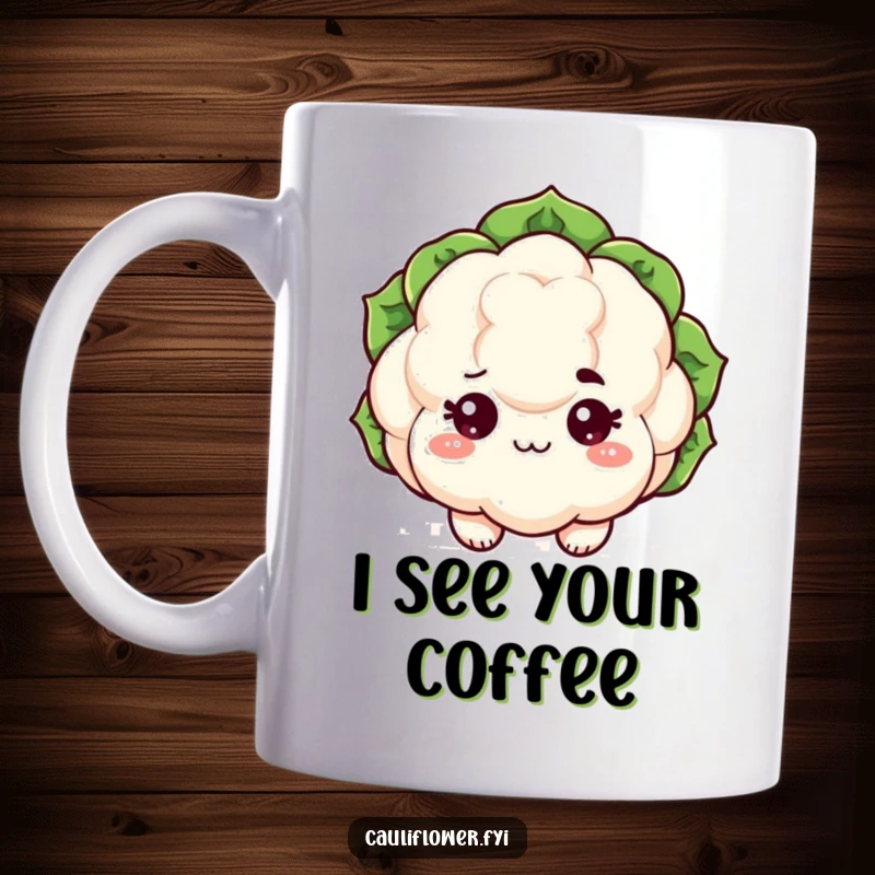 Funny kawaii cauliflower mug with sparkling eyes and a raised eyebrow, a sassy and humorous veggie gift.