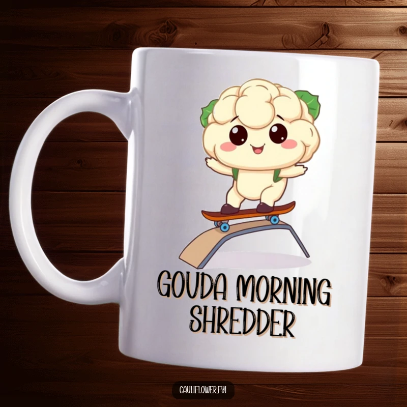 Funny mug featuring a kawaii cauliflower confidently riding a skateboard down a mini ramp with a big smile.