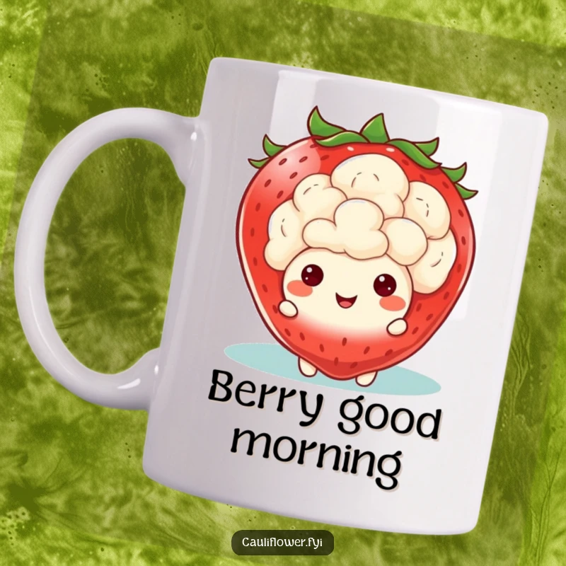 Funny Kawaii Cauliflower Mug: A cute cauliflower peeking shyly from behind a huge, happy strawberry, creating a humorous and sweet visual.