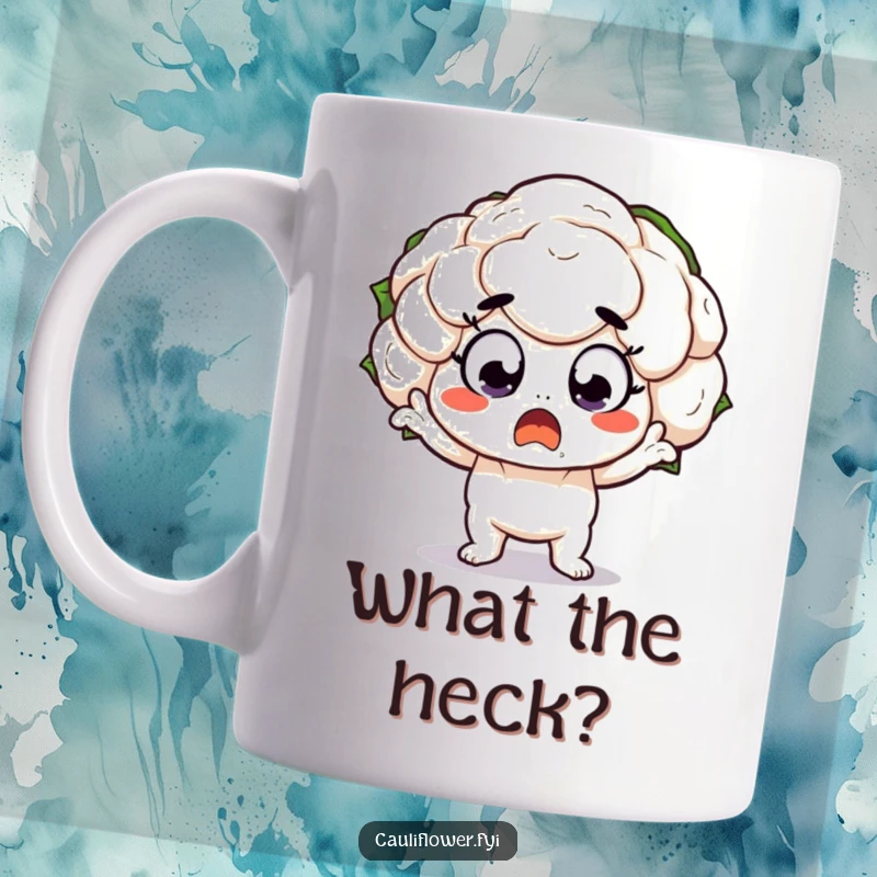 Funny Mug with a kawaii cauliflower character in a dramatic, surprised pose with wide eyes, capturing a moment of shock.