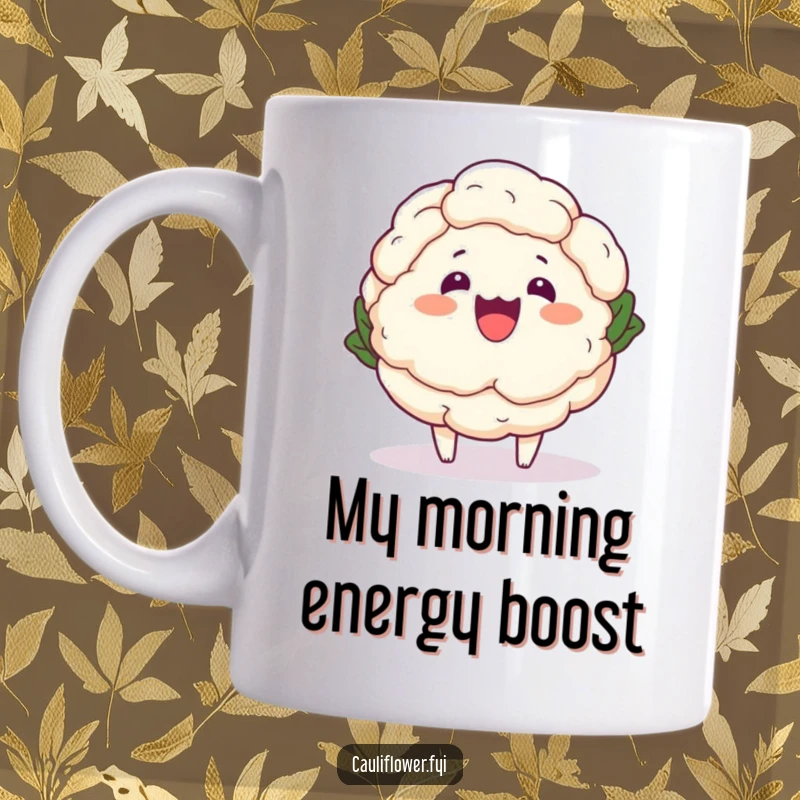 Funny Kawaii Cauliflower Mug - A cute cartoon cauliflower wobbling adorably, perfect for a humorous kitchen gift.