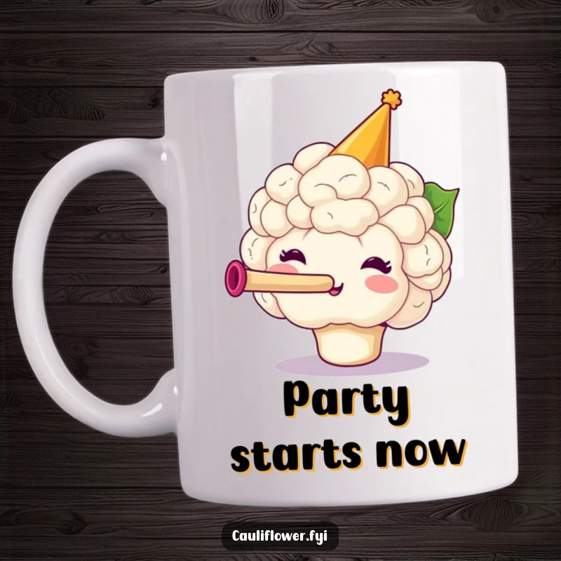 Funny Cauliflower Mug featuring a festive veggie wearing a party hat and blowing a tiny horn, ready to celebrate.