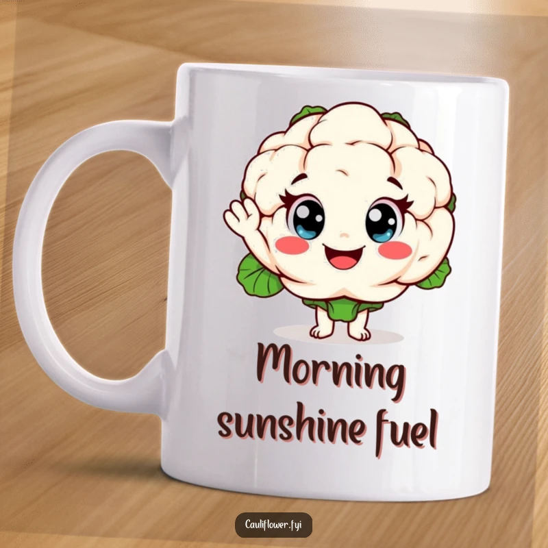 Funny waving cauliflower mug featuring an exaggerated cheerful vegetable character giving a friendly greeting, perfect for lighthearted kitchenware.