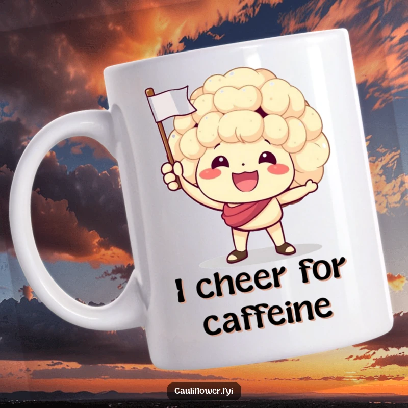 Funny mug featuring a cheerful cauliflower character waving a small flag with great enthusiasm, celebrating joyfully.