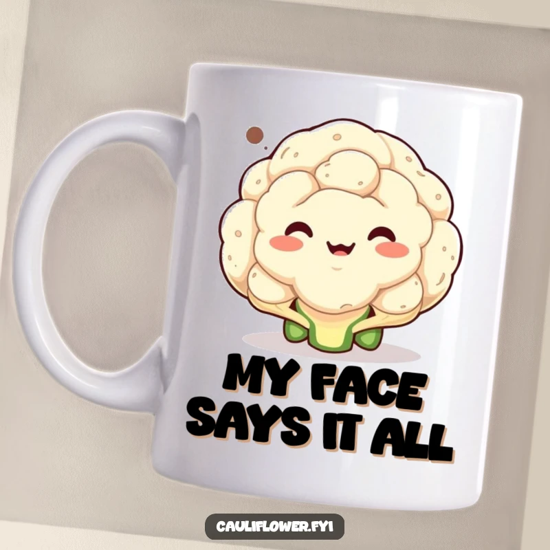 Funny mug with a cauliflower making a bizarre, comical face inside a speech bubble, conveying a humorous, untold story.