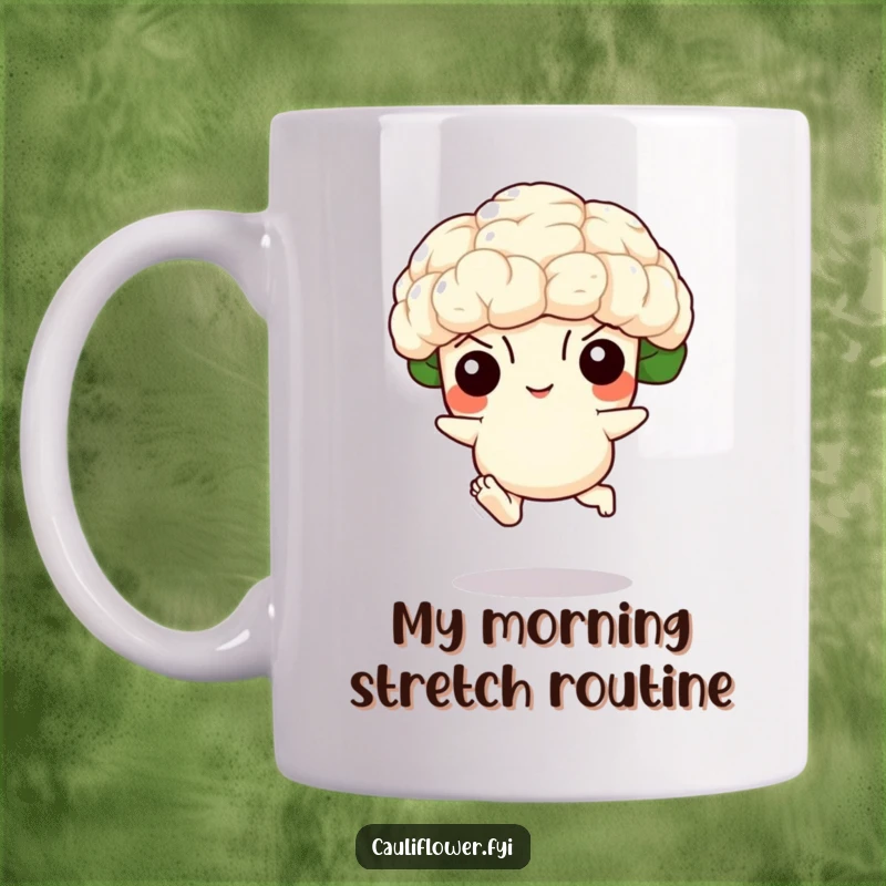 Funny mug featuring a cauliflower with tiny feet in a graceful, energetic leap, embodying joyful movement and vegetable silliness.