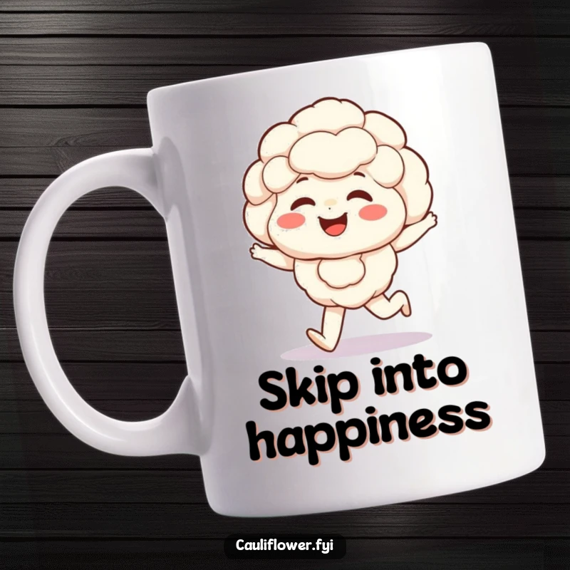Funny Kawaii cauliflower mug shows a giggling veggie with rosy cheeks, taking a happy skip, radiating pure delight.