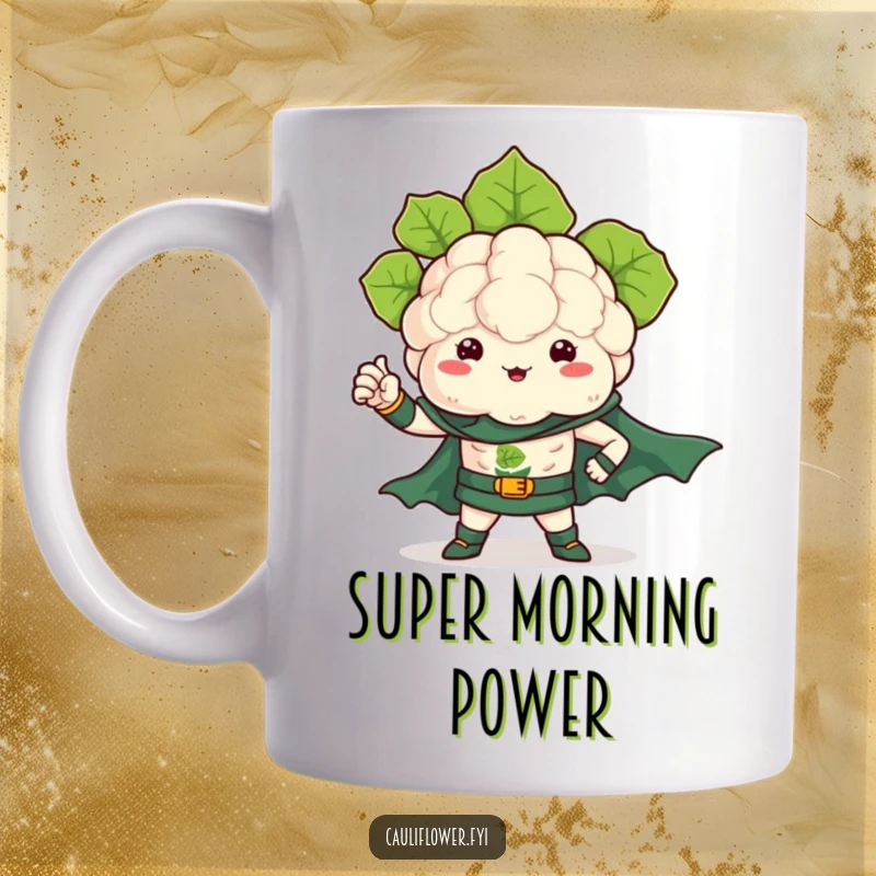 Funny mug featuring a kawaii cauliflower dressed as a superhero, flexing a tiny leafy arm valiantly.