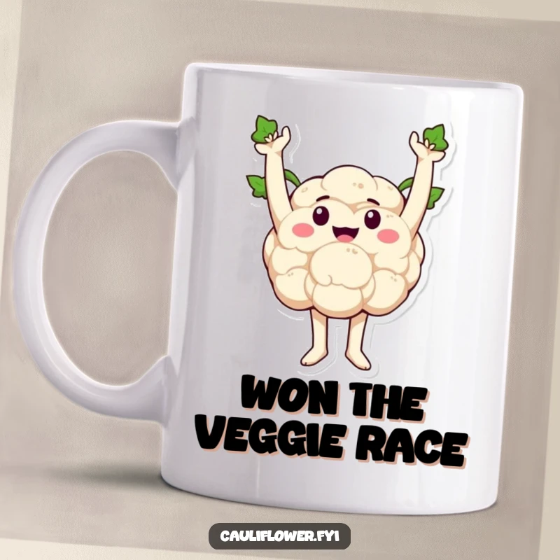 Funny cauliflower with sprout arms raised high in a triumphant, victorious pose, radiating success and joy.