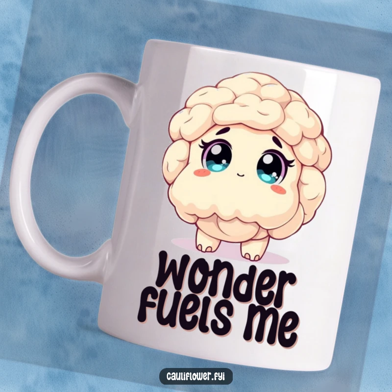 Funny mug featuring a cauliflower character looking up with large, sparkling, awestruck eyes, captivated by something magical.