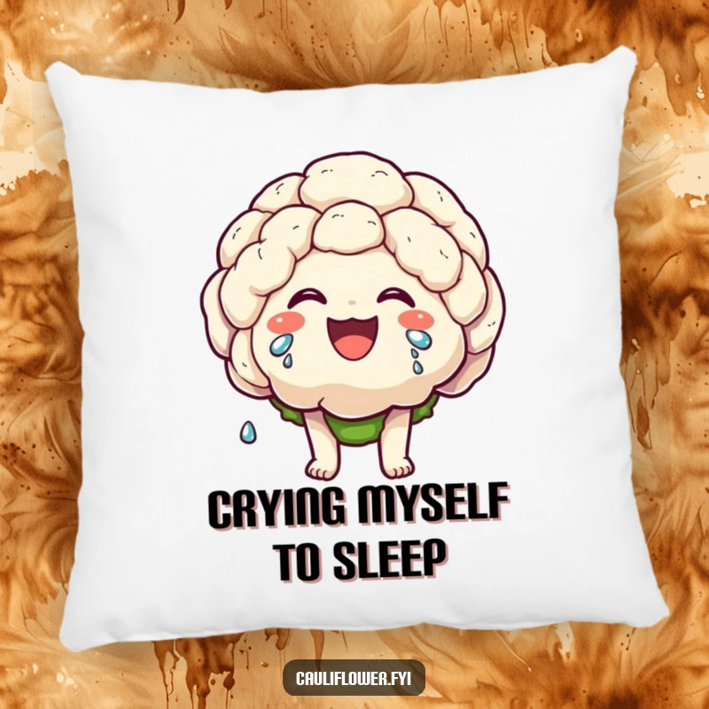 Funny decorative pillow featuring a kawaii cauliflower character laughing heartily, tears of joy streaming down, adding humorous comfort.