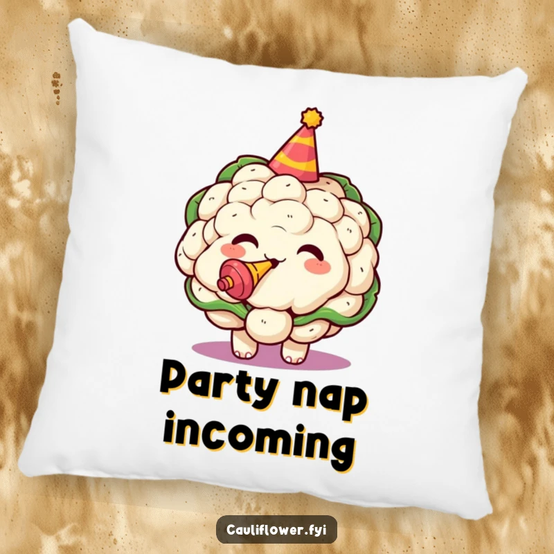 Funny pillow featuring a kawaii cauliflower in a party hat, blowing a noisemaker with festive excitement.