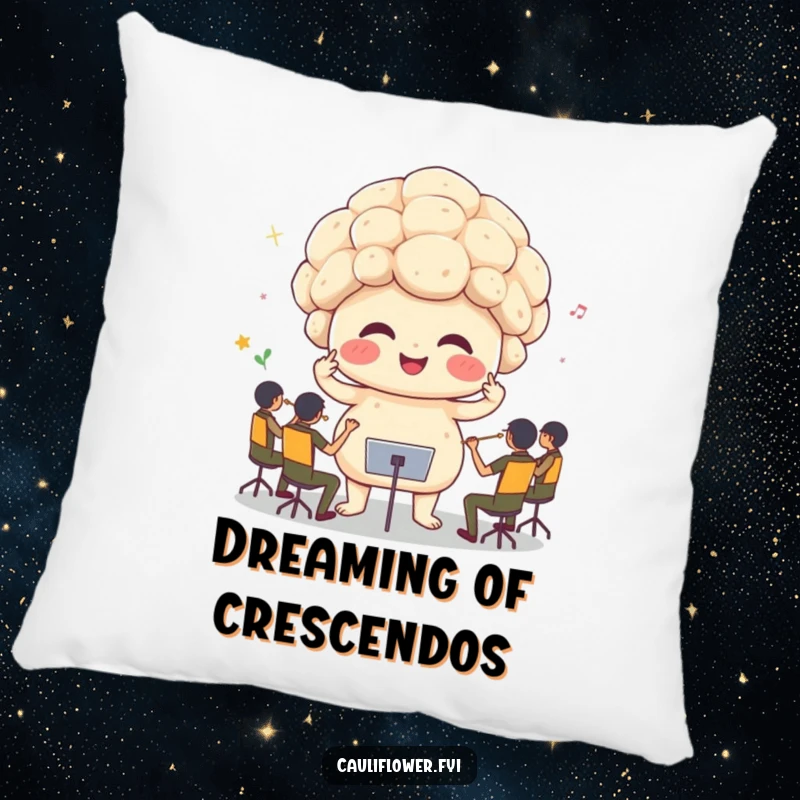Funny cauliflower maestro leading a tiny orchestra, a soft and humorous pillow for delightful decor.