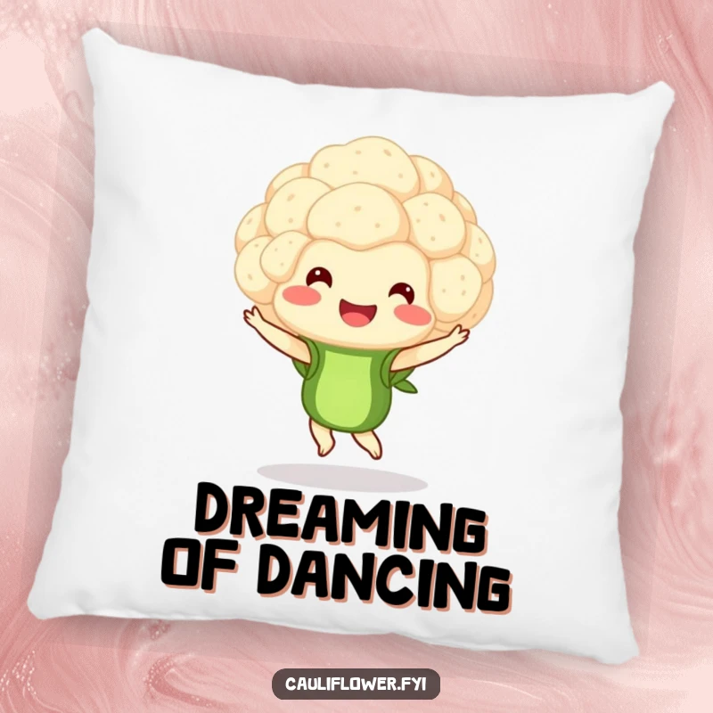 Funny pillow showcasing a smiling cauliflower floret captured in a balletic pirouette, perfect for cozy and artistic comfort.