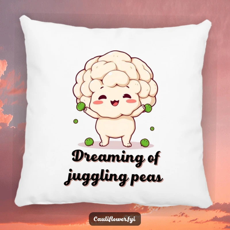 Funny pillow showcasing a cauliflower attempting to juggle peas with a look of sheer, clumsy joy and concentration, soft and huggable.