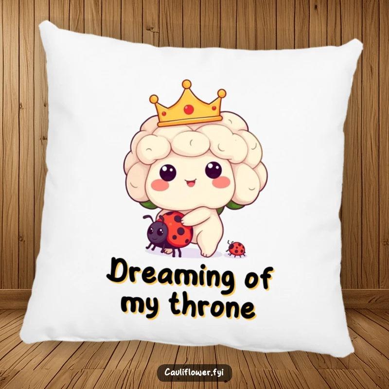 Funny Kawaii cauliflower character in a crown, riding a ladybug, creating a cute and humorous design for a decorative pillow.