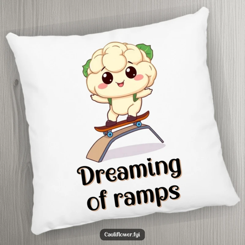 Funny pillow featuring a kawaii cauliflower riding a skateboard, adding a cool and humorous touch.