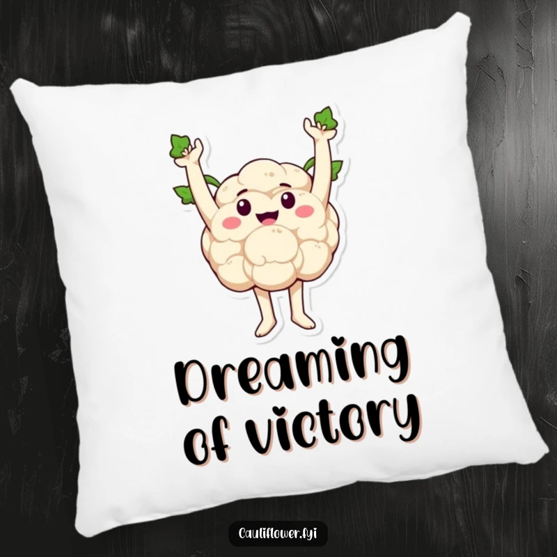 Funny cauliflower striking a triumphant pose, sprout arms raised high, offering comfort and celebration.