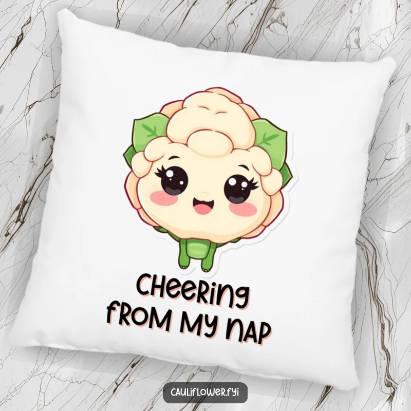 Funny pillow with a plump cauliflower character sporting huge happy eyes and cheering, offering soft, encouraging comfort.