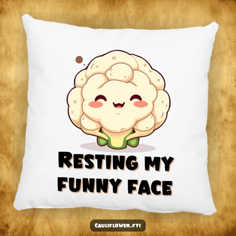 Funny pillow featuring a cauliflower with a comically distorted face in a speech bubble, offering comfort and a source of amusement.
