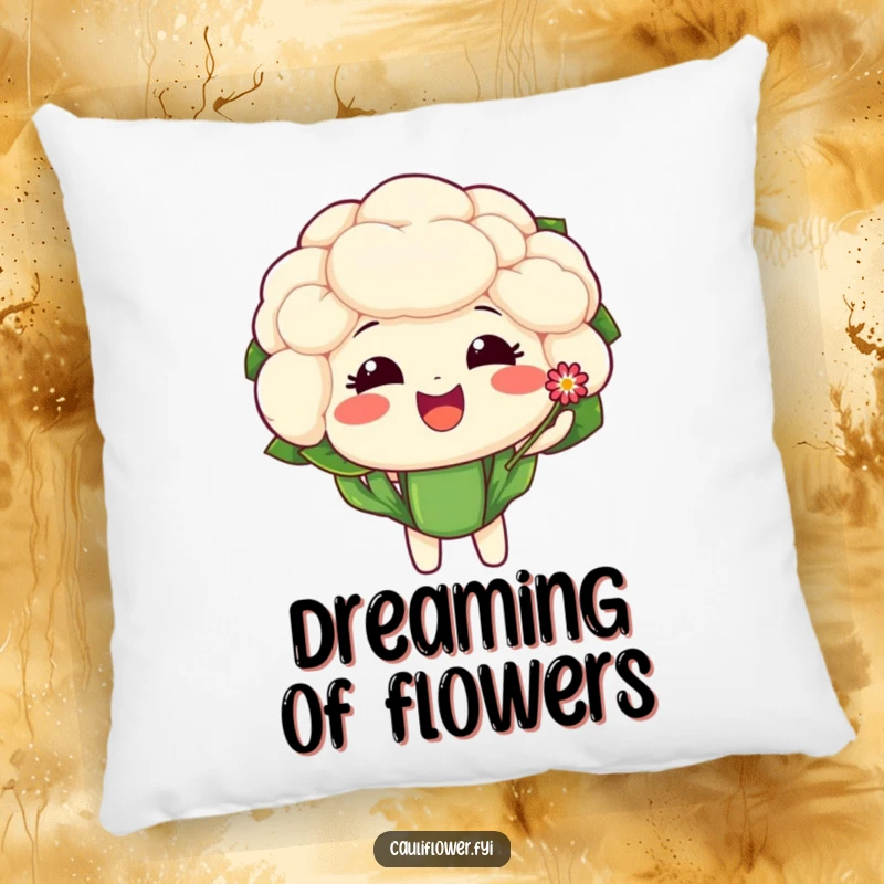 Funny pillow featuring a delighted cauliflower character offering a tiny, sparkling flower with a sweet expression.