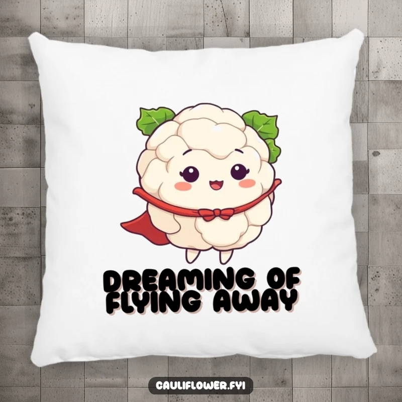 Funny pillow showcasing a cauliflower with a flowing cape, dramatically pretending to fly, soft and inspiring for imaginative play.