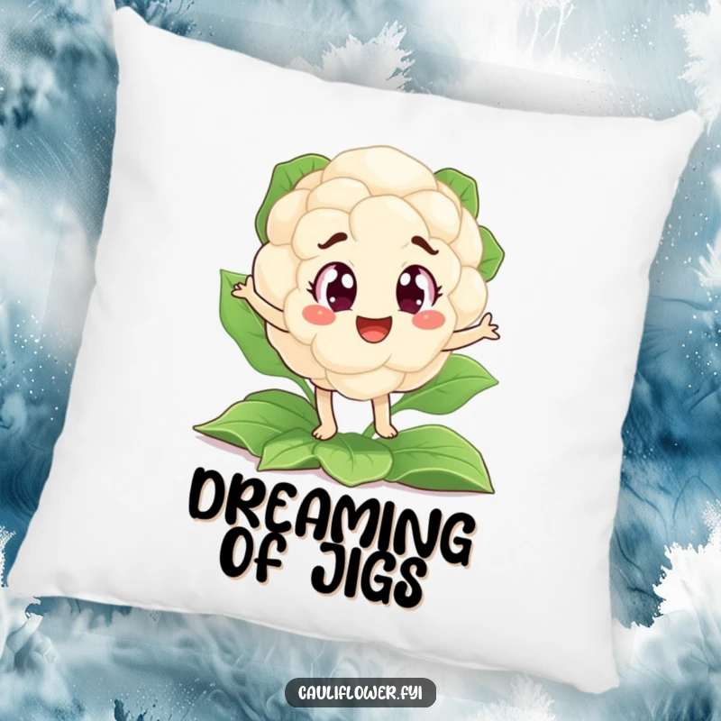 Funny pillow showcasing a whimsical cauliflower with large, excited eyes performing a funny jig on a leafy backdrop.