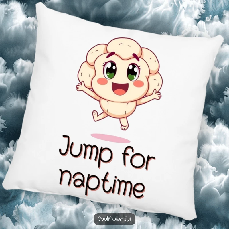 Funny happy cauliflower jumping for joy, a soft and humorous pillow for adding cheer.