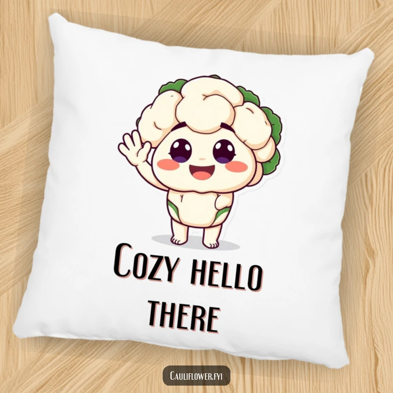 Funny pillow featuring a plush cauliflower character with big, happy eyes performing a silly wave, offering comfort and charming appeal.