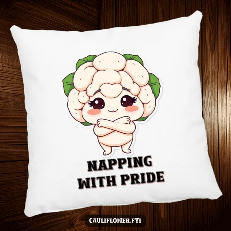 Funny pillow showcasing a cauliflower head with small arms crossed, exuding an air of proud accomplishment and cozy smugness.