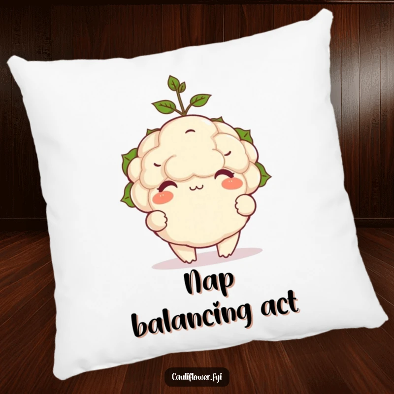 Funny pillow showing a happy, plump cauliflower character with a tiny sprout perfectly balanced on its head.