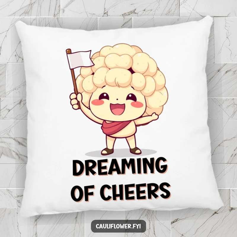 Funny pillow showcasing a happy cauliflower character waving a tiny flag, full of spirit and adorable enthusiasm.