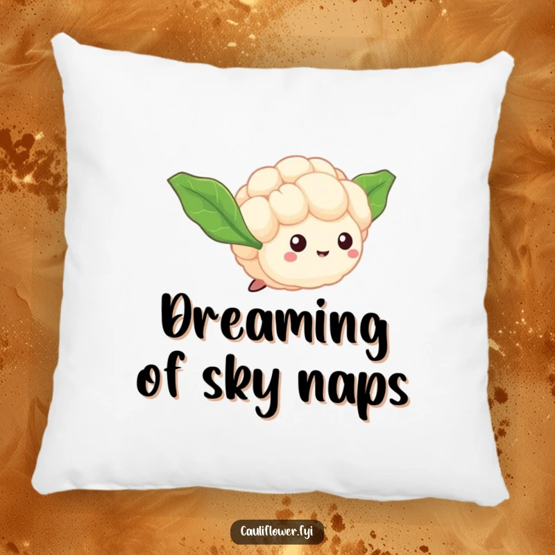 Funny Cauliflower Floret Pillow shows a tiny veggie with leaf wings, humorously taking flight and offering cozy, dream-filled support.