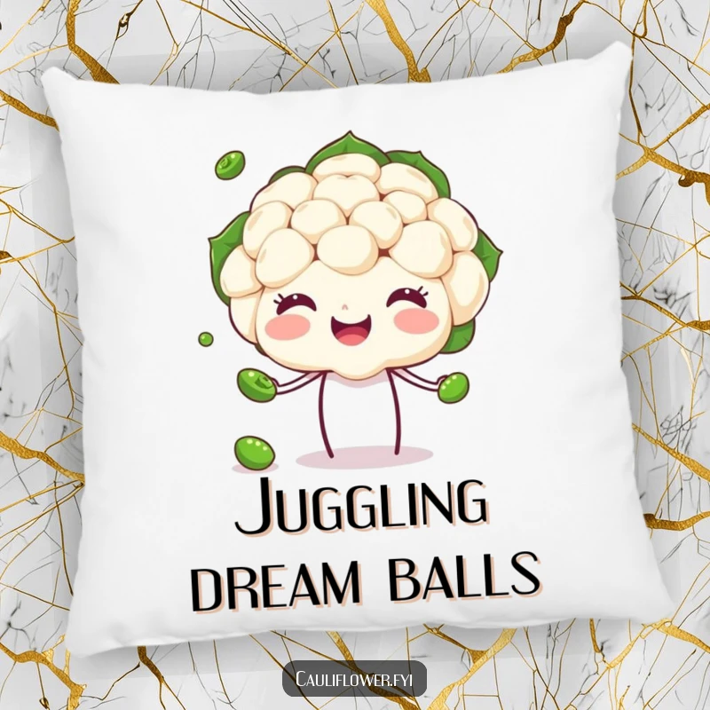 Funny Cauliflower Pillow showcasing a happy veggie head juggling peas, offering comfort with a side of hilarious talent.