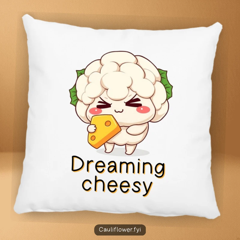 Funny Pillow with a mischievous kawaii cauliflower character winking playfully while holding a slice of cheese, offering cozy amusement.