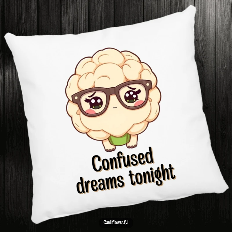 Funny kawaii cauliflower wearing oversized glasses and looking confused on a pillow.