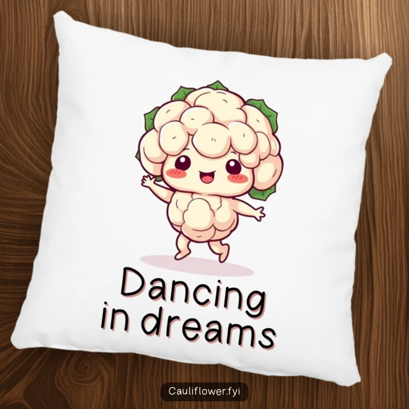 Funny Kawaii cauliflower doing a silly shuffle dance, a soft and humorous pillow for dance lovers.