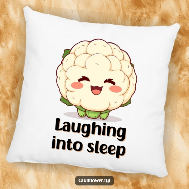 Funny pillow with a kawaii cauliflower showing exaggerated laughter lines, offering soft comfort and radiating pure, infectious joy.