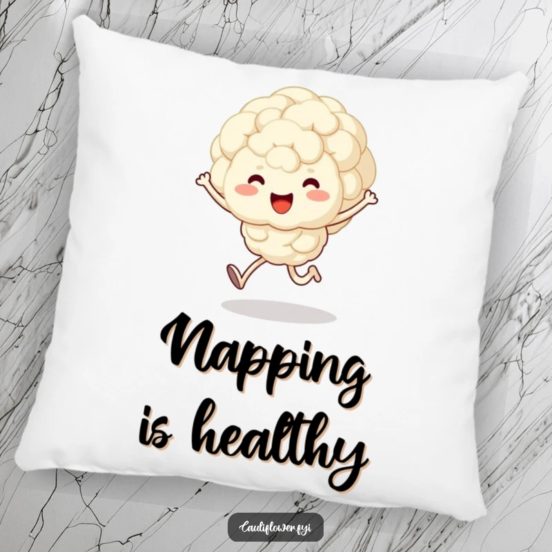 Funny pillow featuring a fluffy, kawaii cauliflower character with arms and legs doing a happy skip, soft and cheerful.