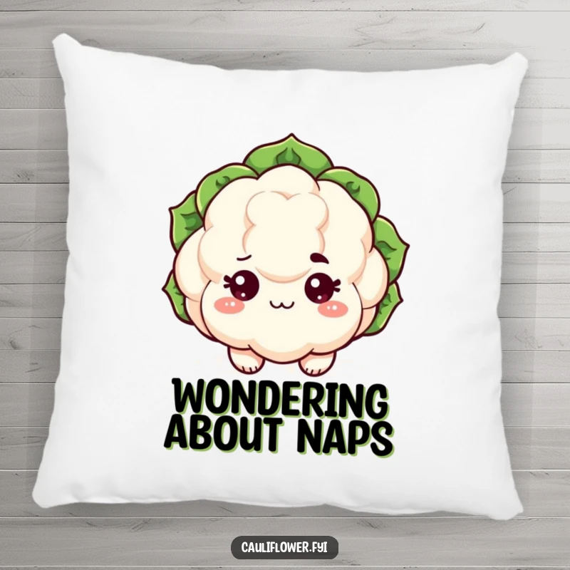 Funny kawaii cauliflower pillow with sparkling eyes and a raised eyebrow, soft and sassy decorative item.