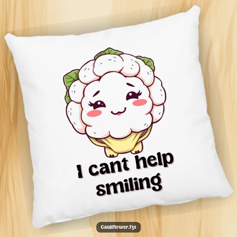 Funny kawaii cauliflower pillow with a silly, lopsided grin and floppy leaves, soft and humorous decorative item.