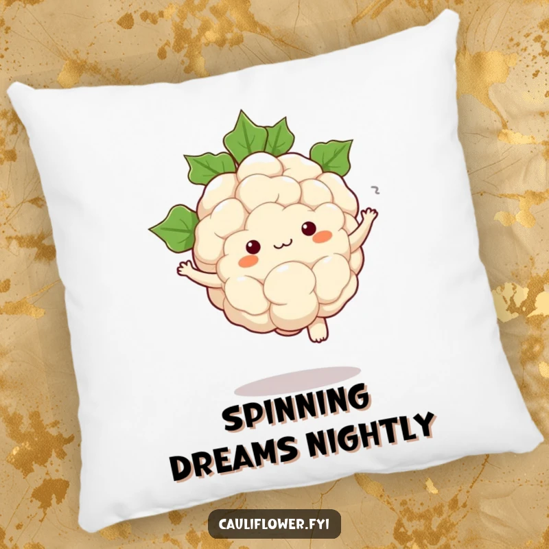 Funny pillow showing a kawaii cauliflower performing a comical pirouette with leaves swirling around its cute form.