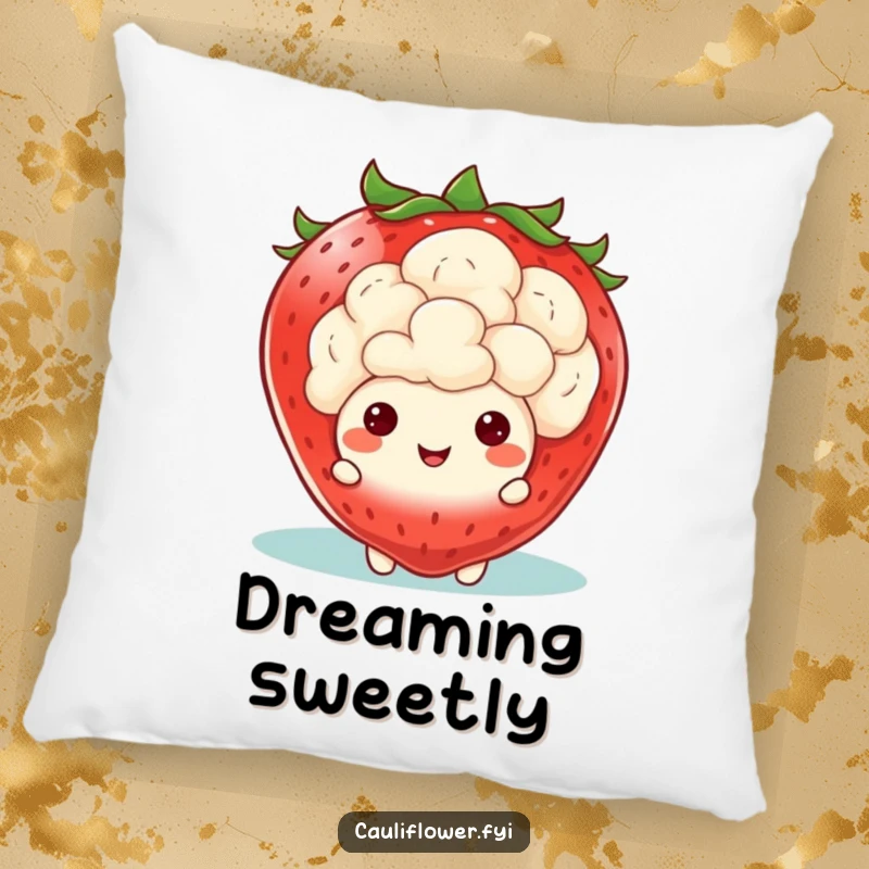 Funny Kawaii Cauliflower Pillow: A soft pillow featuring a cauliflower peeking from behind a giant, smiling strawberry, making it a funny decor piece.