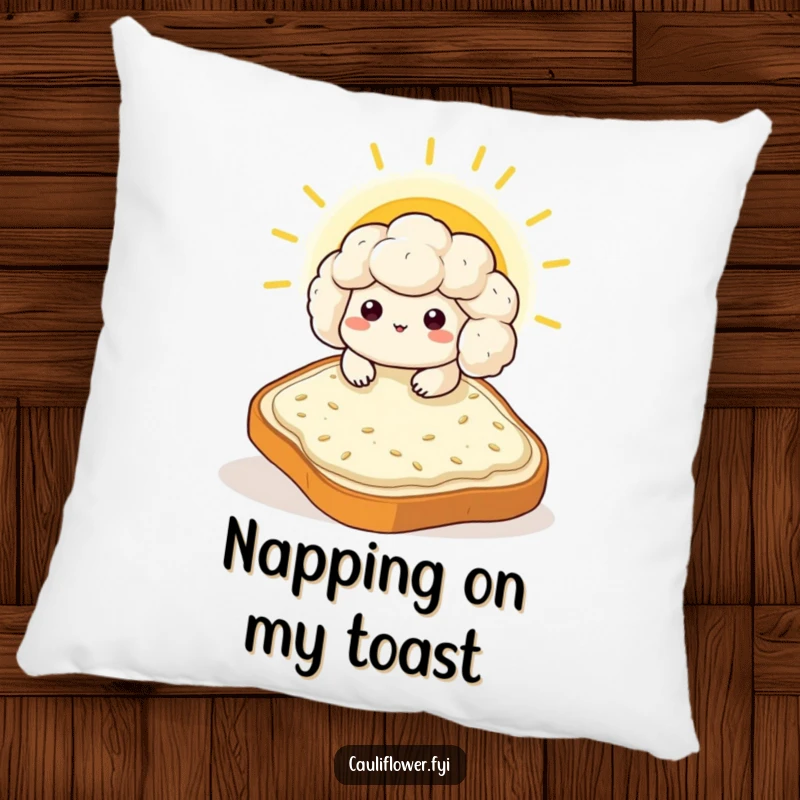 Funny Kawaii cauliflower sunbathing on a giant toast slice, a soft and humorous pillow for relaxation.