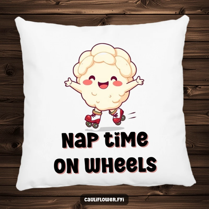 Funny pillow featuring a happy cauliflower character on roller skates, arms wide, embodying pure joy and playful movement.