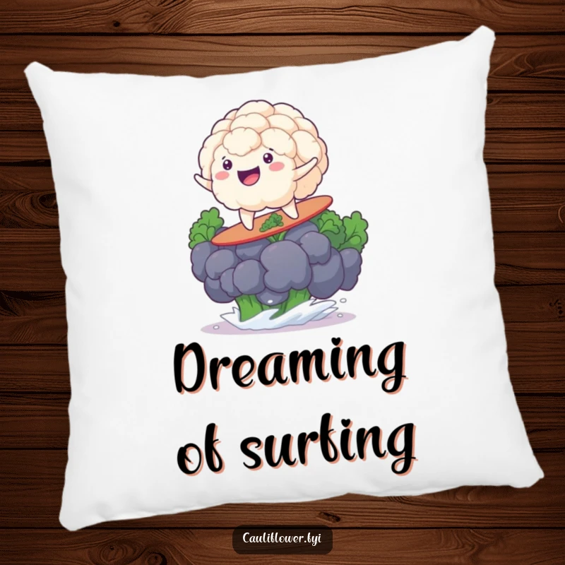 Funny cauliflower grinning while surfing a broccoli floret, bringing beachy comfort and humor to your sofa.
