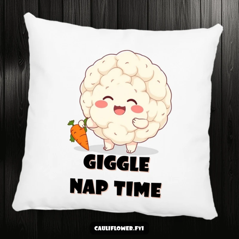 Funny pillow featuring a cheerful cauliflower tickling a giggling carrot, soft and full of playful veggie friendship.