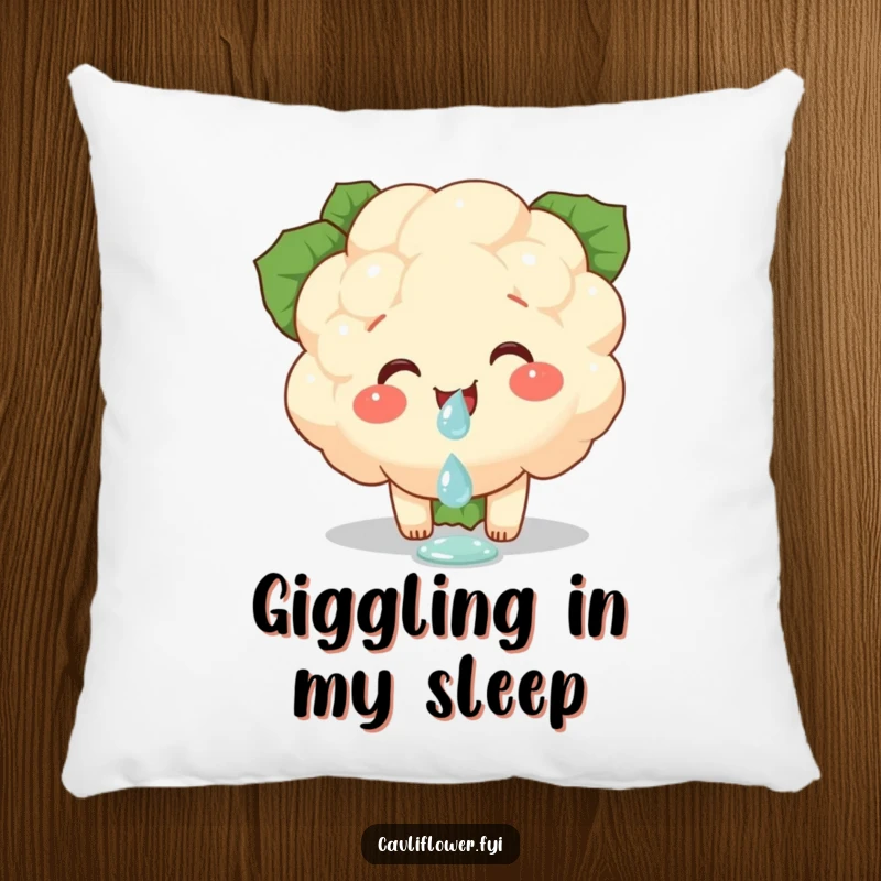 Funny pillow showcasing a cauliflower piece giggling softly while balancing a dewdrop, offering cozy comfort and delicate amusement.