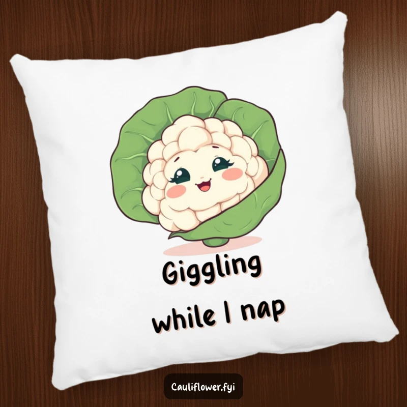 Funny Cauliflower Pillow showcasing a shy veggie peeking from behind a leaf, giggling playfully, offering comfort with humor.